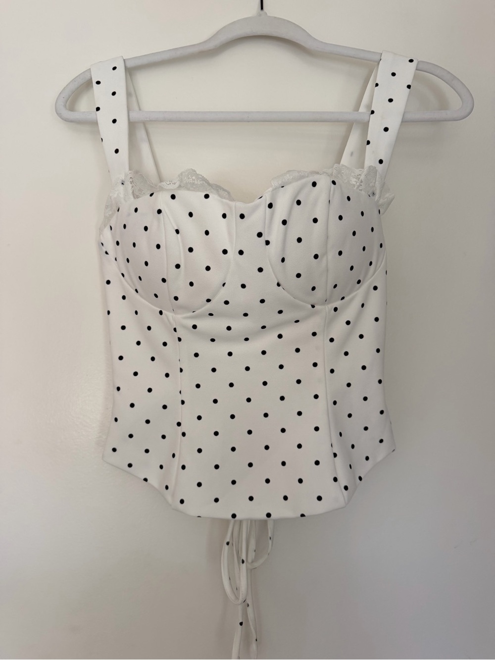 Fashion Nova White Polka Dot Bustier Cami with Lace Trim